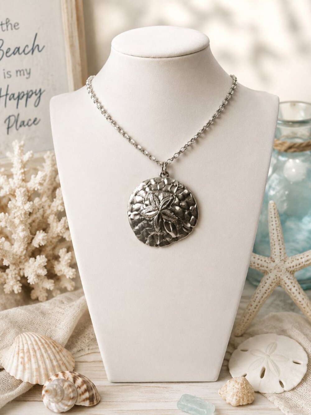 Vintage Silver Tone Textured Sand Dollar Pendant Necklace Beach Boho 22"